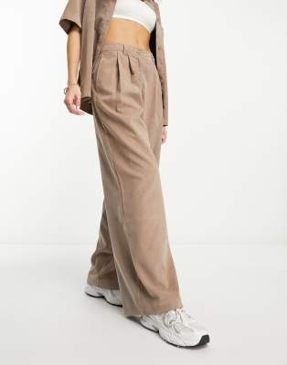 ASOS DESIGN drapey wide leg pants in baby cord brown - part of a set