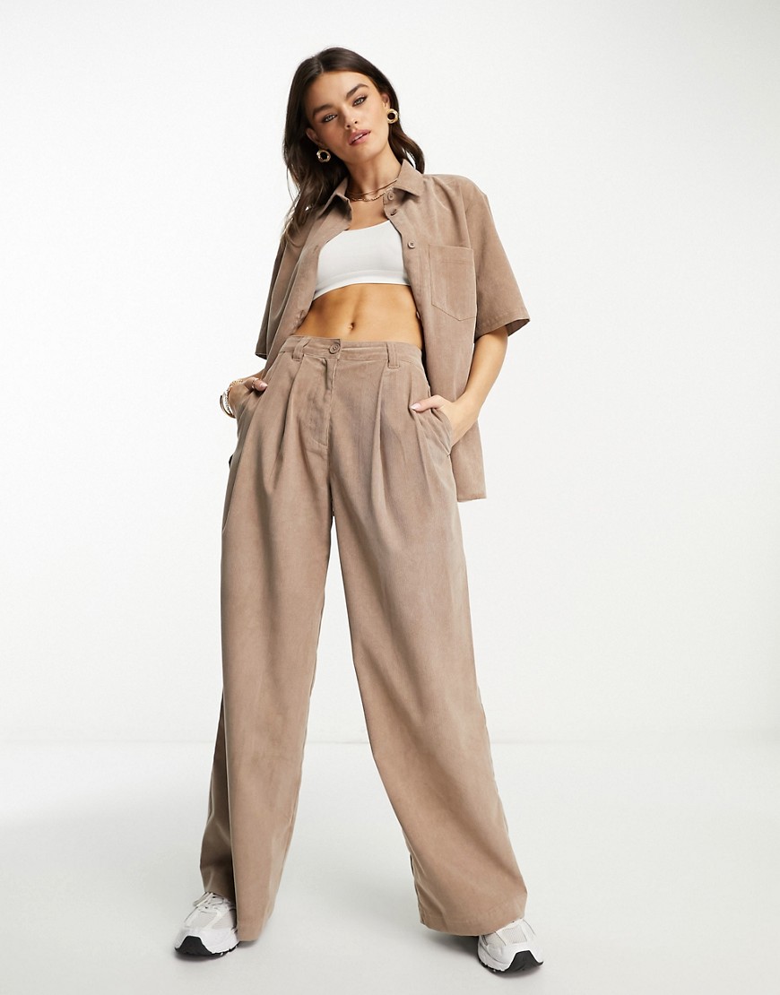 ASOS DESIGN drapey wide leg trousers in baby cord brown co-ord