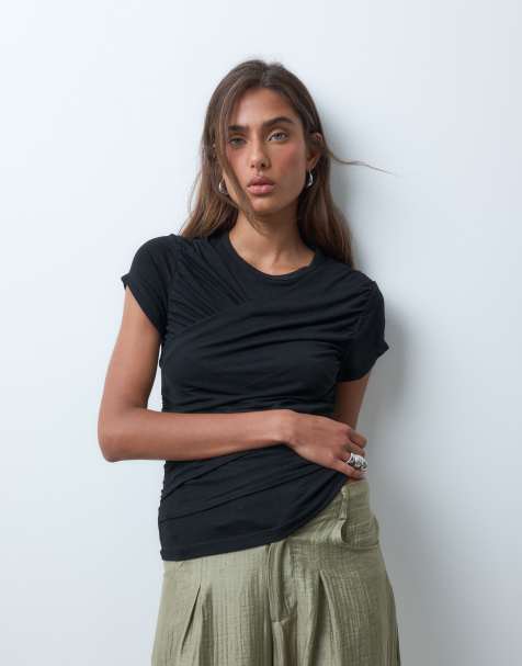 ASOS DESIGN drapey wrap front top in black - view 1
