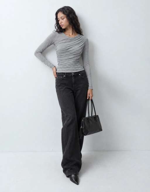 ASOS DESIGN drapey wrap shoulder long sleeve top in gray heather, 9 of 9