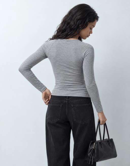 ASOS DESIGN drapey wrap shoulder long sleeve top in grey marl, 5 of 9