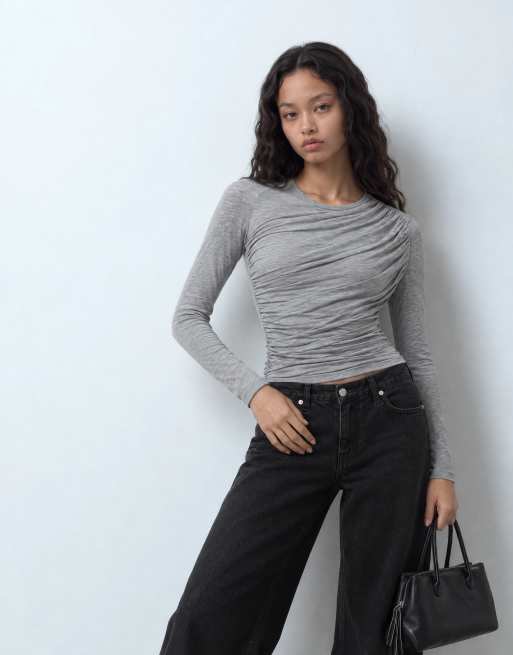 ASOS DESIGN drapey wrap shoulder long sleeve top in grey marl, 6 of 9