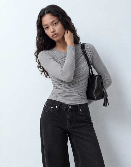 ASOS DESIGN drapey wrap shoulder long sleeve top in grey marl, 8 of 9