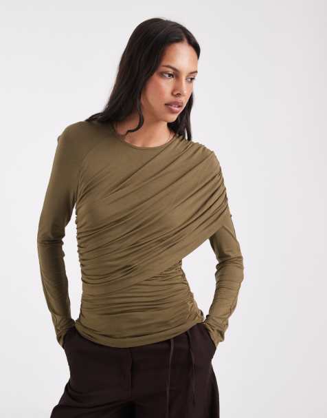 ASOS DESIGN drapey wrap shoulder long sleeve top in khaki - view 1