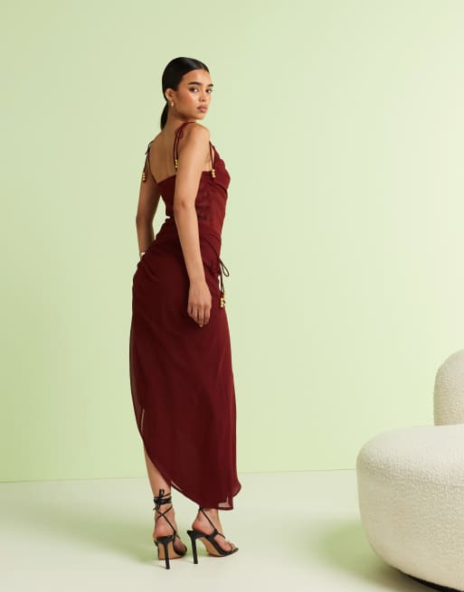 ASOS DESIGN – Drapierter Chiffon-Maxirock in Burgunderrot, Kombiteil, 3 von 5
