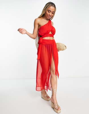 ASOS DESIGN - Drapierter Maxi-Strandrock aus Chiffon in Rot mit Bindedetail, Kombiteil