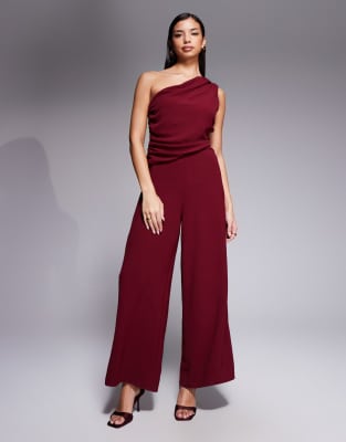 ASOS DESIGN - Drapierter One-Shoulder-Jumpsuit in Burgunderrot