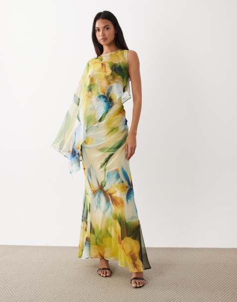 ASOS DESIGN – Drapiertes, asymmetrisches Maxikleid mit blauem Blumenmuster, Fledermausärmeln und One-Shoulder-Design - view 1