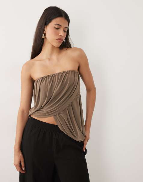 ASOS DESIGN drapiertes Bandeau-Top mit Bubble-Saum in Mokka - view 1