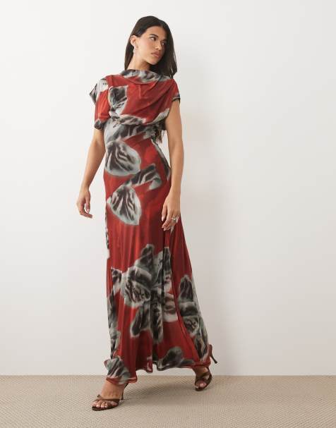 ASOS DESIGN – Drapiertes Blouson-Maxikleid aus Netzstoff in Rot mit Blumenmuster - view 1