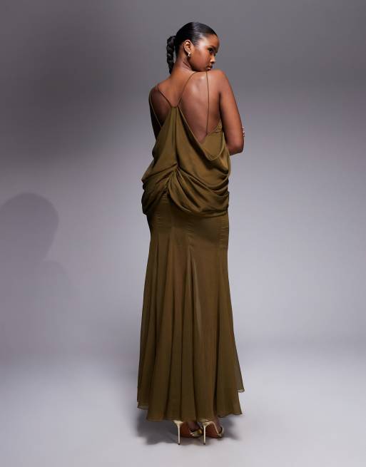 ASOS DESIGN – Drapiertes Camisole-Maxikleid in Khaki mit Godet-Rock, 3 von 4