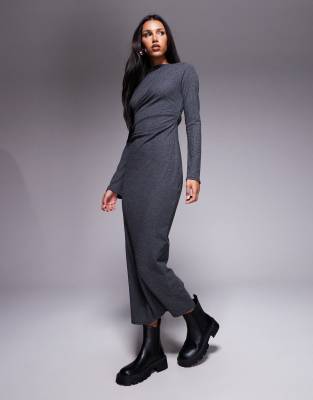 ASOS DESIGN - Drapiertes, geripptes Maxikleid in Anthrazit-Grau
