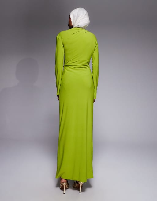 ASOS DESIGN – Drapiertes, hochgeschlossenes Maxikleid in Grün mit verdrehter Taille und langen Ärmeln, 4 von 4