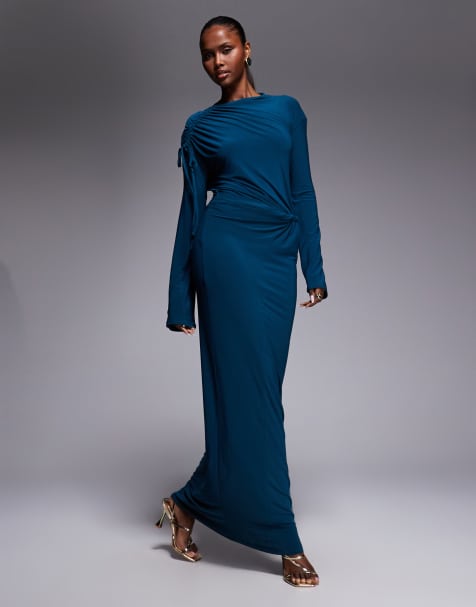 ASOS DESIGN – Drapiertes, hochgeschlossenes Maxikleid in Petrol mit verdrehter Taille und langen Ärmeln - view 1
