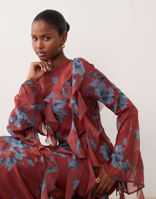 ASOS DESIGN – Drapiertes, langärmliges Maxikleid mit ungesäumten Kanten, Rüschen und Blumenmuster, 2 von 4