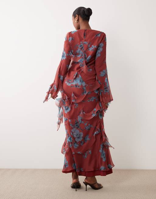 ASOS DESIGN – Drapiertes, langärmliges Maxikleid mit ungesäumten Kanten, Rüschen und Blumenmuster, 3 von 4