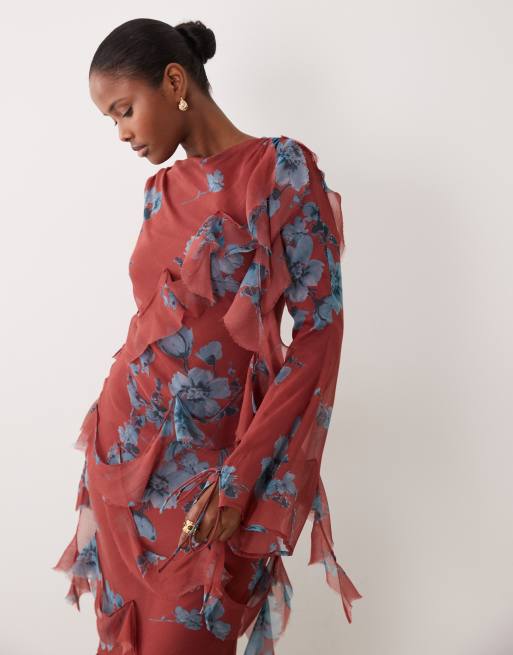 ASOS DESIGN – Drapiertes, langärmliges Maxikleid mit ungesäumten Kanten, Rüschen und Blumenmuster, 4 von 4