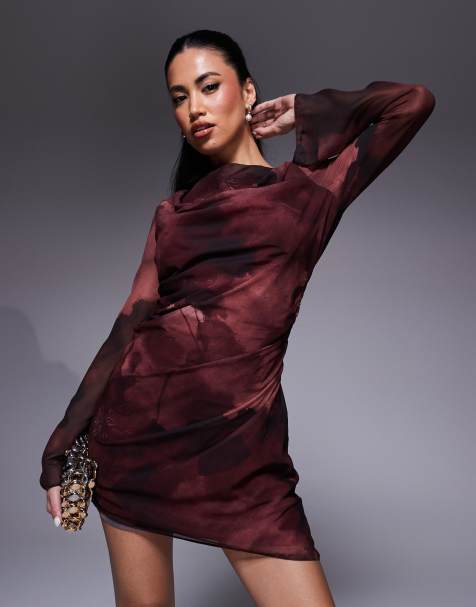 ASOS DESIGN – Drapiertes, langärmliges Minikleid in Burgunderrot mit Blumenmuster und asymmetrischem Schnitt - view 1