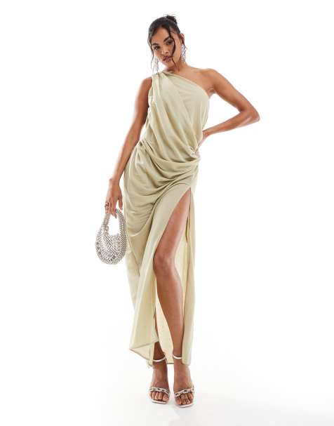 ASOS DESIGN – Drapiertes Maxikleid aus elastischem Stoff im Leinen-Look in zartem Salbeigrün mit One-Shoulder-Träger - view 1