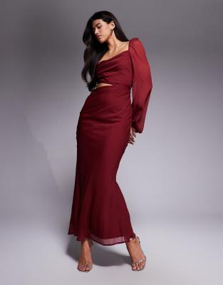 ASOS DESIGN - Drapiertes Maxikleid in Maulbeerrot mit Zierausschnitt und Blousonärmeln