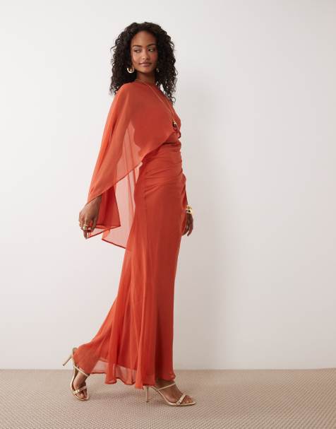 ASOS DESIGN – Drapiertes Maxikleid in Orange mit asymmetrischem One-Shoulder-Ärmel und Fledermausärmel - view 1