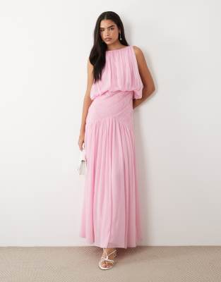 Drapiertes Maxikleid in Rosa mit gekräuseltem, gerafftem Taillendetail Rosa 34