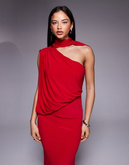 ASOS DESIGN – Drapiertes Maxikleid in Rot mit Cape-Detail und One-Shoulder-Träger, 2 von 4