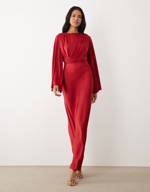 ASOS DESIGN – Drapiertes Maxikleid in Rot mit Trompetenärmeln, 2 von 4