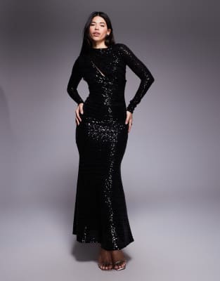 ASOS DESIGN - Drapiertes Maxikleid in Schwarz mit Pailletten und Schlitz vorn