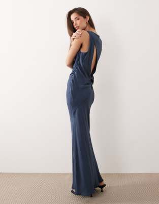 Drapiertes Maxikleid in tiefblauer Leinenoptik mit Rückenausschnitt und Besatz-Grün Grün 44