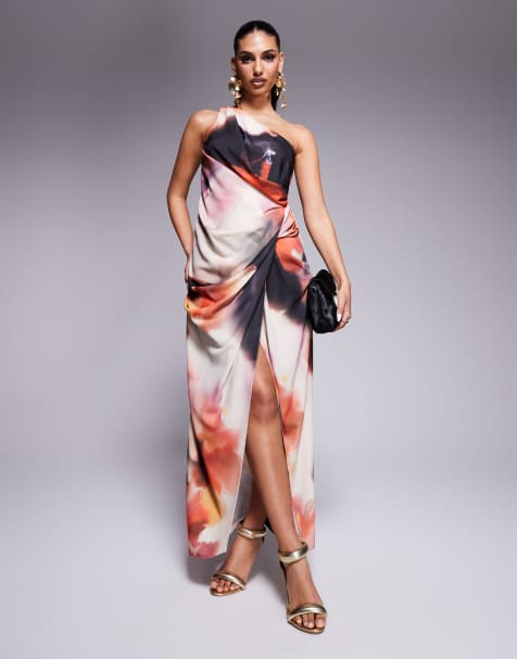 ASOS DESIGN – Drapiertes Midaxi-Kleid mit One-Shoulder-Träger, Schlitz und abstraktem Blumenmuster - view 1