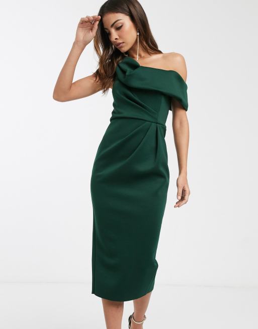 ASOS DESIGN – Drapiertes Midi-Bleistiftkleid mit abfallender Schulterpartie in Tannengrün