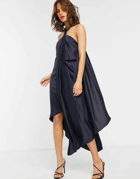 ASOS DESIGN – Drapiertes Midi-Satinkleid mit Schnalle und Trägerdetails