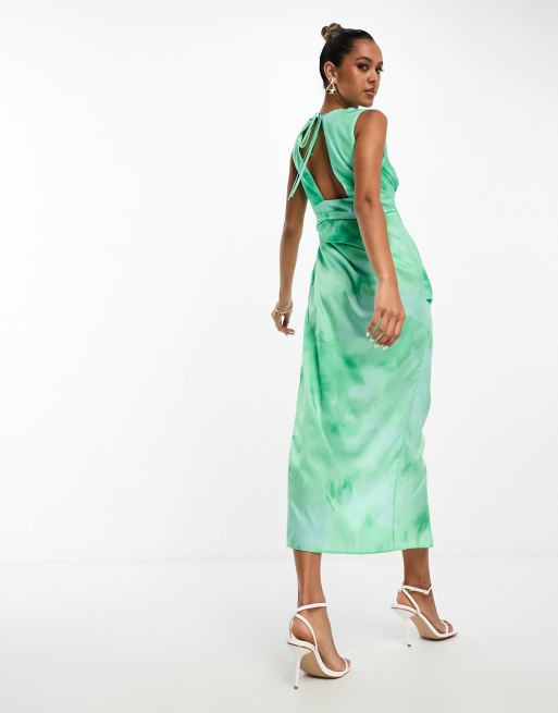 ASOS DESIGN – Drapiertes Midikleid aus grünem Satin mit Aquarell-Print und Wickelrock, 2 von 4