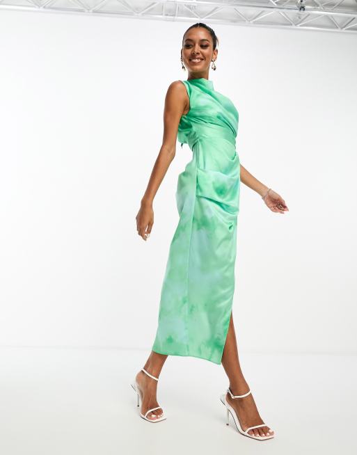ASOS DESIGN – Drapiertes Midikleid aus grünem Satin mit Aquarell-Print und Wickelrock, 3 von 4