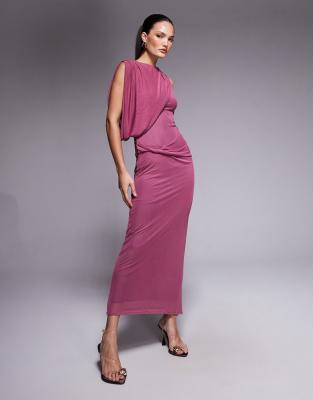 ASOS DESIGN - Drapiertes Midikleid aus Netzstoff in dunklem Kirschrot mit One-Shoulder-Träger-Keine Farbe