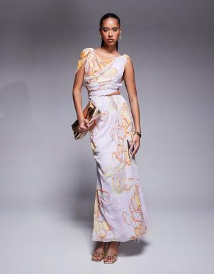 ASOS DESIGN - Drapiertes Midikleid in Blau mit Blumendruck und Verzierung-Bunt