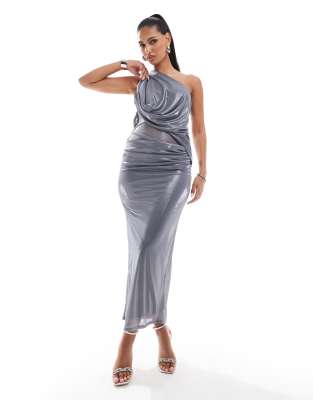 ASOS DESIGN - Drapiertes Midikleid in Metallic-Anthrazit mit One-Shoulder-Träger mit zwei Riemen-Grau