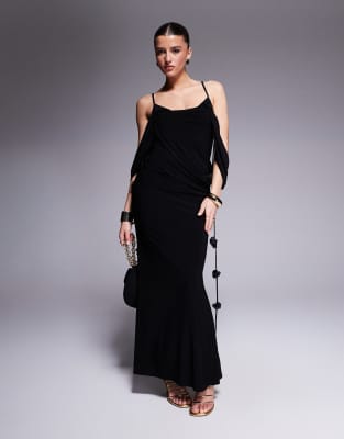 ASOS DESIGN - Drapiertes Midikleid in Schwarz mit gestuftem Carmen-Ausschnitt und Blumenbesatz