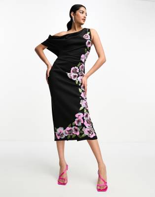 ASOS DESIGN - Drapiertes Midikleid in Schwarz mit One-Shoulder-Träger und rosa Paillettenverzierung