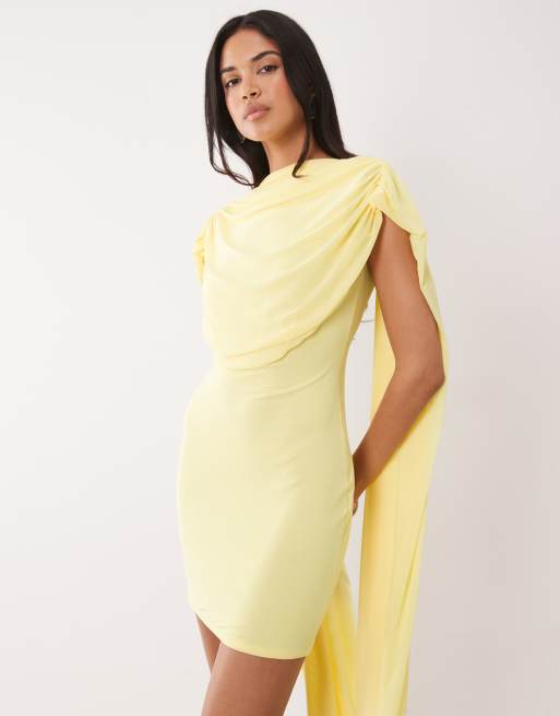 ASOS DESIGN – Drapiertes Minikleid aus Netzstoff in Zitronengelb mit Cape-Detail, 2 von 4
