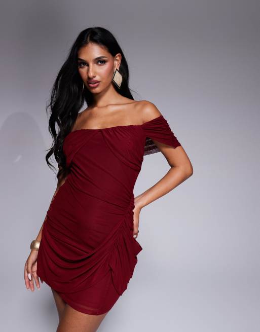 ASOS DESIGN – Drapiertes Minikleid aus Netzstoffmix in Burgunderrot mit Carmen-Ausschnitt, 2 von 4