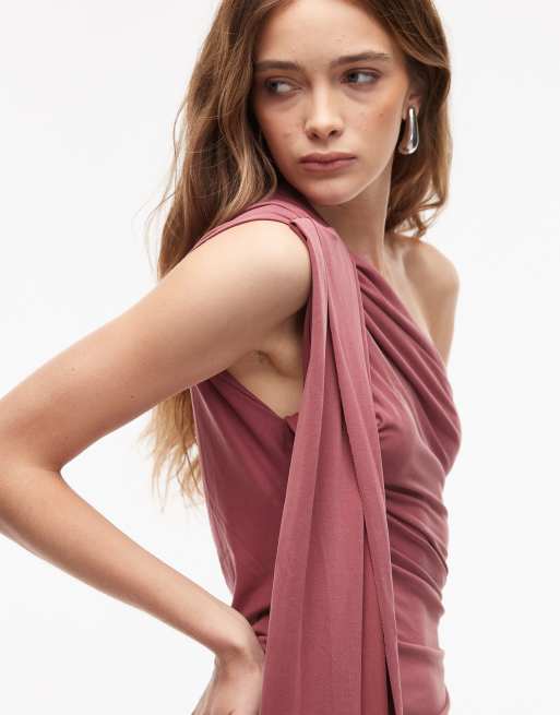 ASOS DESIGN – Drapiertes Modal-Maxikleid in Rot mit One-Shoulder-Träger, 2 von 4