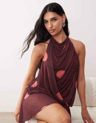 ASOS DESIGN - Drapiertes Neckholder-Minikleid aus Netzstoff mit Blousonärmeln und Polka Dots-Bunt