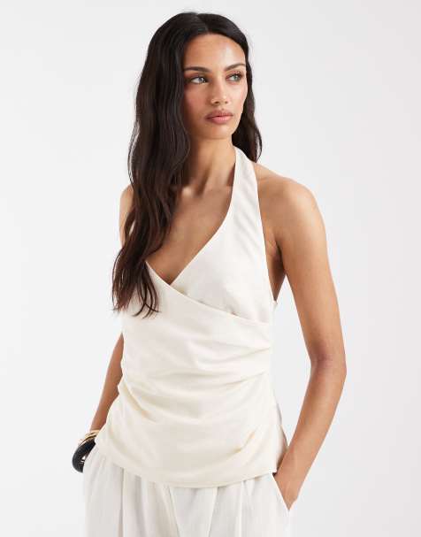 ASOS DESIGN – Drapiertes Neckholder-Oberteil in Elfenbeinweiß, Kombiteil - view 1