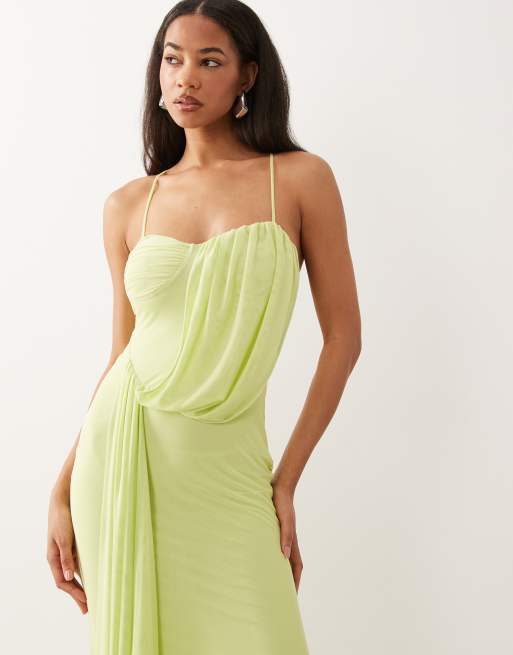 ASOS DESIGN – Drapiertes Netzstoff-Maxikleid in zartem Limettengrün mit Herzausschnitt, 3 von 4