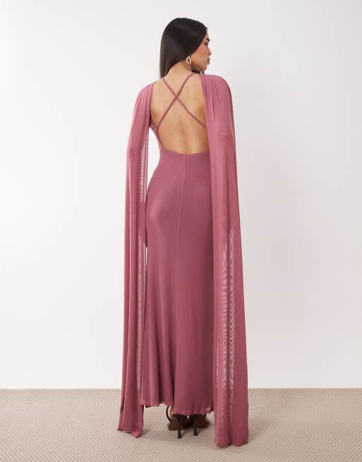 ASOS DESIGN – Drapiertes Netzstoff-Maxikleid in Zartrosa mit Cape-Detail, 2 von 4