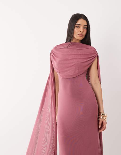 ASOS DESIGN – Drapiertes Netzstoff-Maxikleid in Zartrosa mit Cape-Detail, 3 von 4