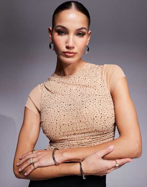 ASOS DESIGN – Drapiertes Netzstoff-Oberteil in Steinbeige mit Kappärmeln und Strassbesatz - view 1