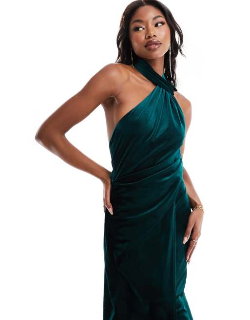 ASOS DESIGN – Drapiertes Samt-Maxikleid in Flaschengrün mit Bindedetail und One-Shoulder-Träger, 3 von 4